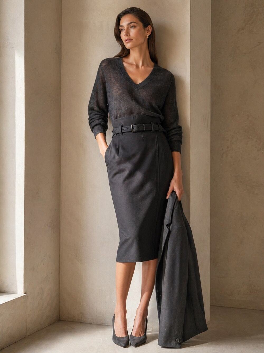 Brunello Cucinelli Gunex Pencil Skirt Black Belted w Slit High Waisted Size 6
